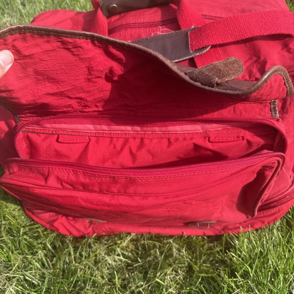 Vintage Marlboro Country Store Travel Duffle Bag Red Leather Straps Plaid Lined